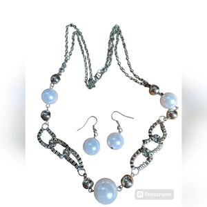 Contemporary Necklace Earrings silver tone chain white faux pearls. Lightweight
